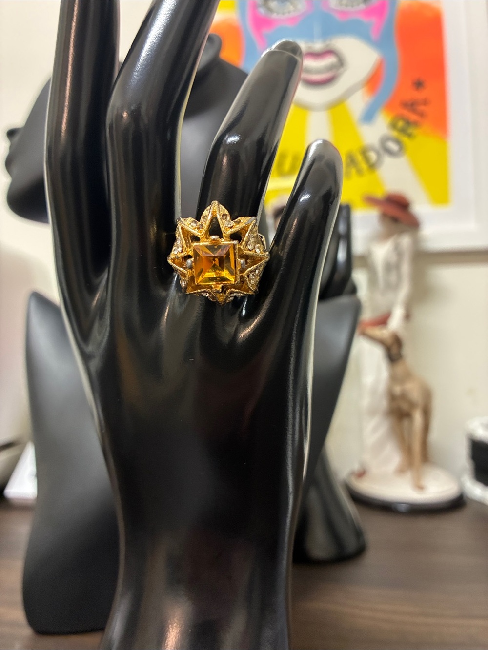 Vintage 1970s Gold-Tone Citrine Starburst Adjustable Cocktail Ring